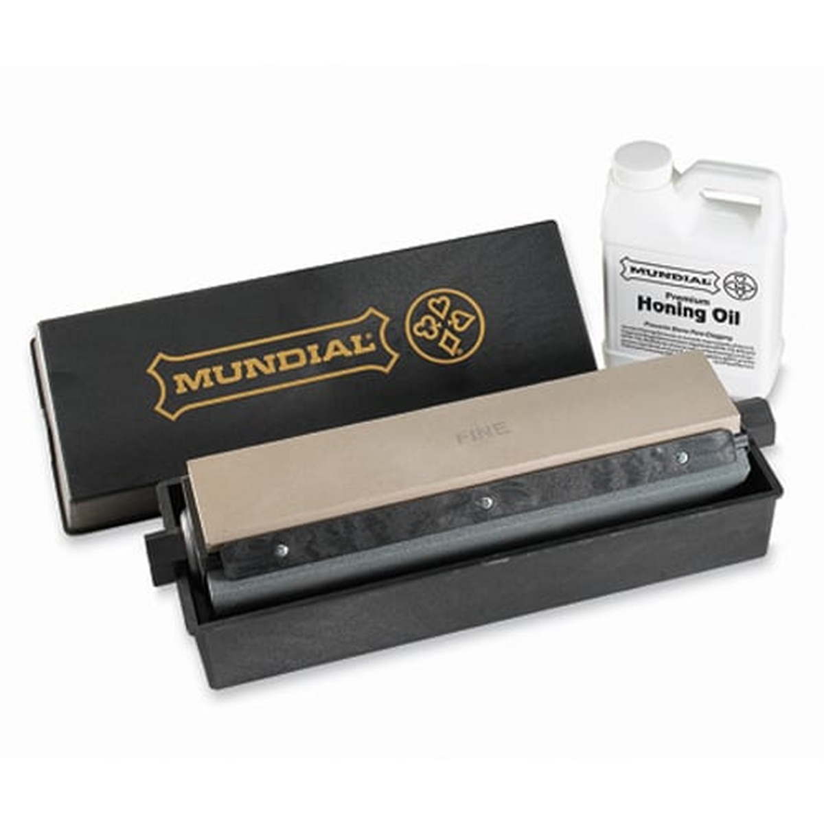 Mundial ZH110 Multi Hone rotating sharpener with three stones, black storage base, and honing oil bottle