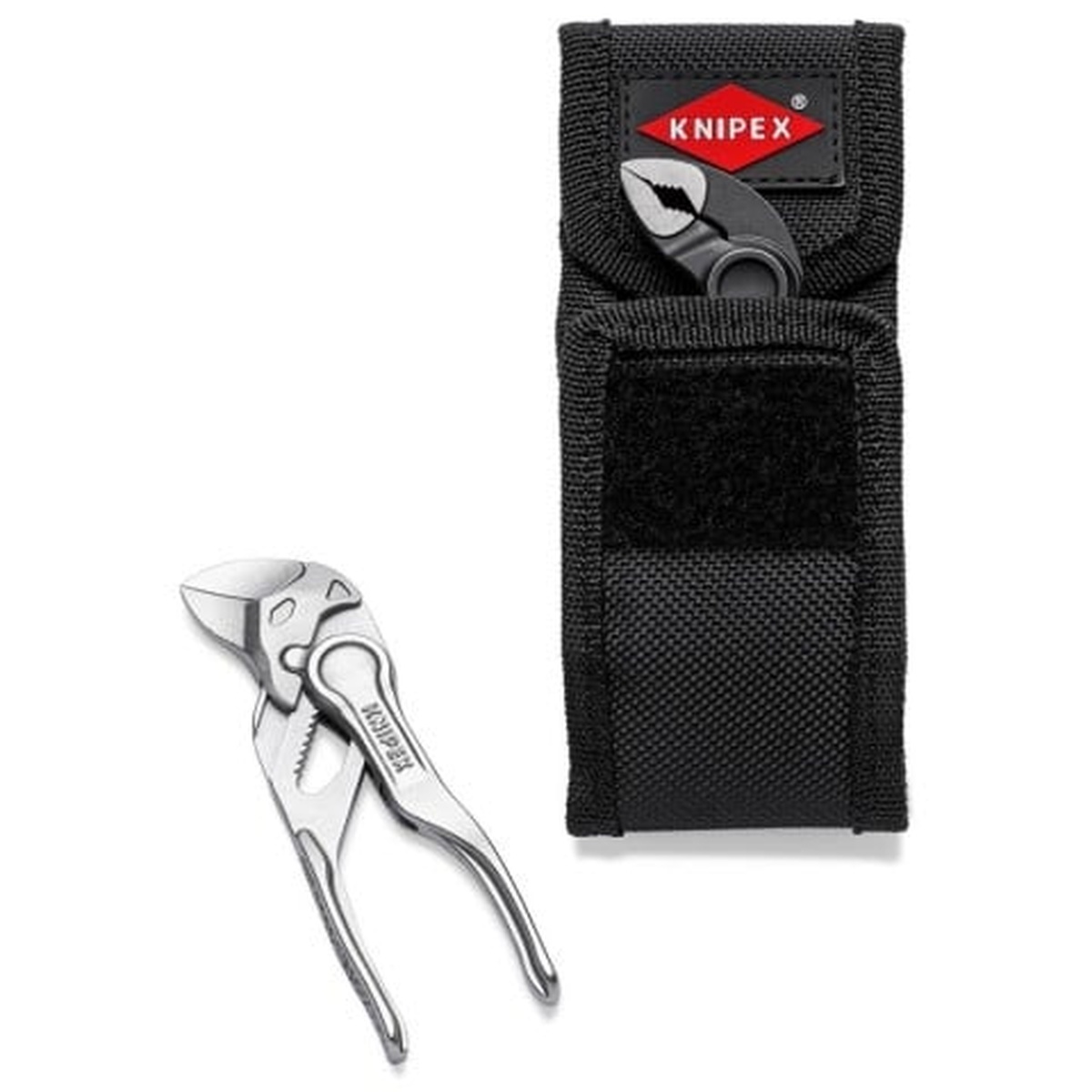 Knipex 00 20 72 V04 XS 2-Piece Mini Pliers Set XS in Belt Pouch with XS pliers wrench and pouch, showing compact parallel-jaw tool for gripping and turning fasteners