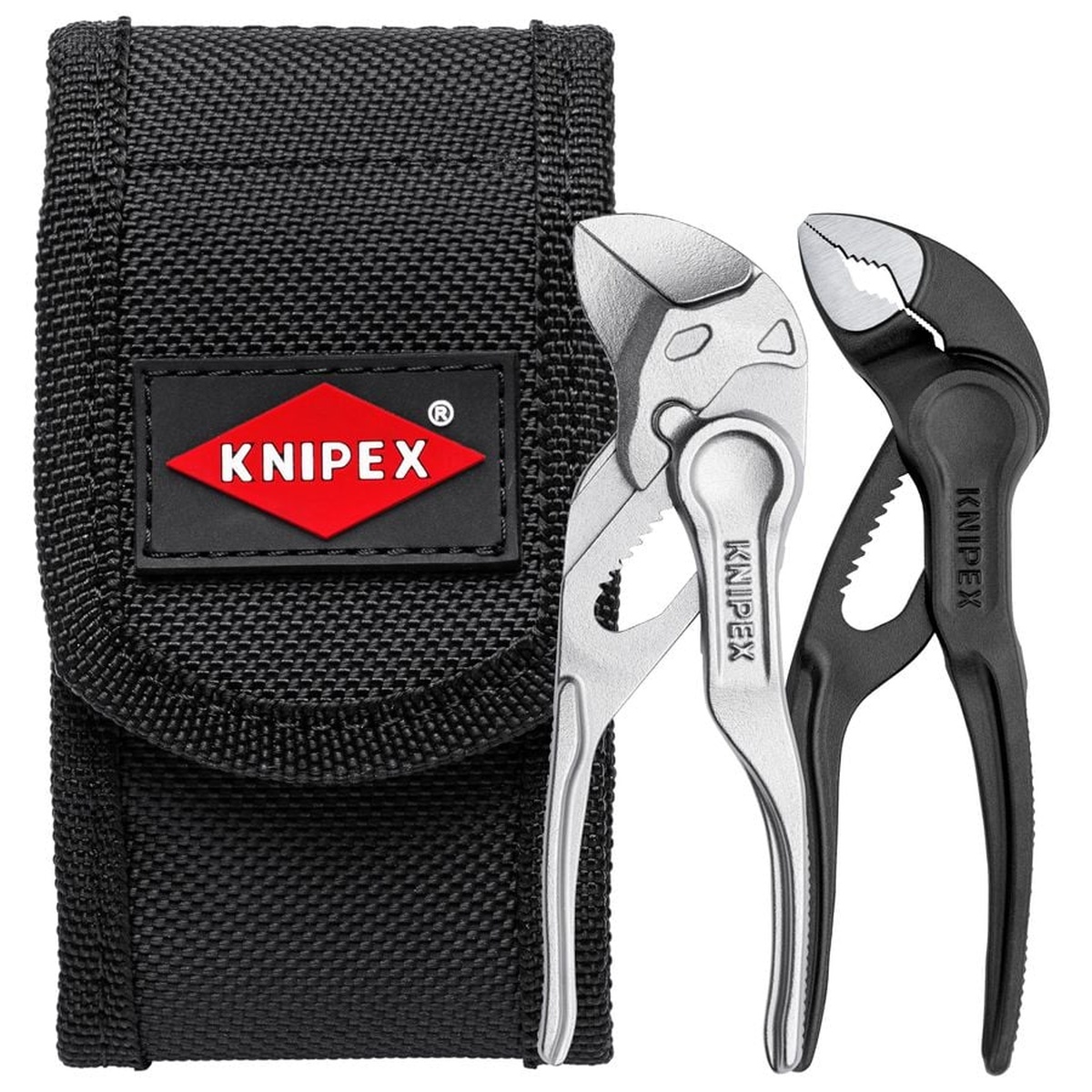Knipex 00 20 72 V04 XS 2-Piece Mini Pliers Set XS in Belt Pouch showing Cobra XS water pump pliers, XS pliers wrench, and belt pouch for everyday carry