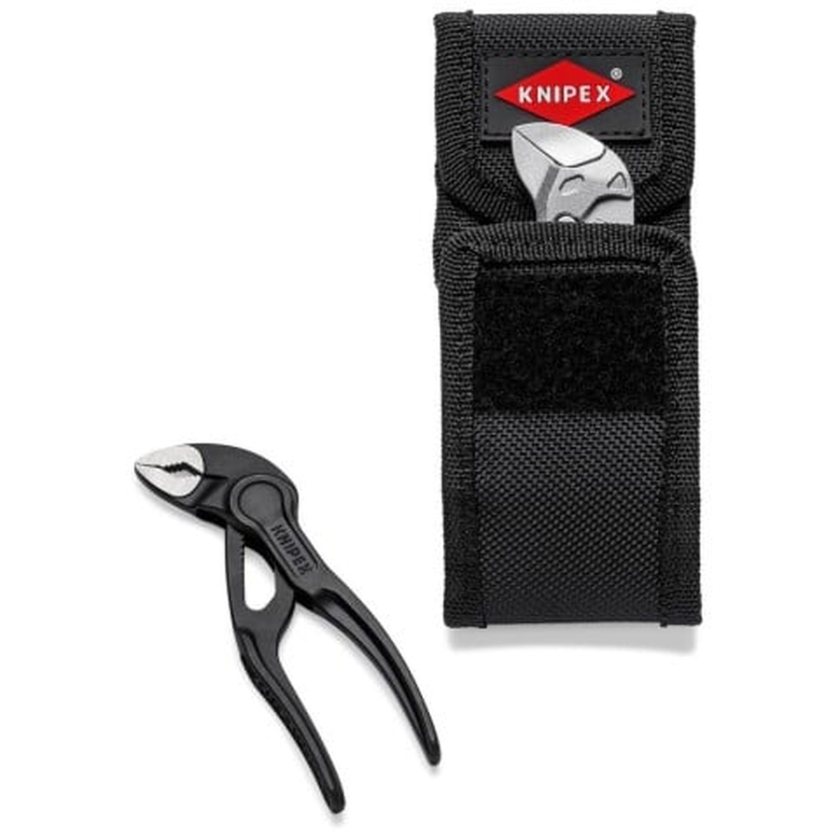 Knipex 00 20 72 V04 XS 2-Piece Mini Pliers Set XS in Belt Pouch with Cobra XS water pump pliers and pouch showing compact storage for tight-space service work