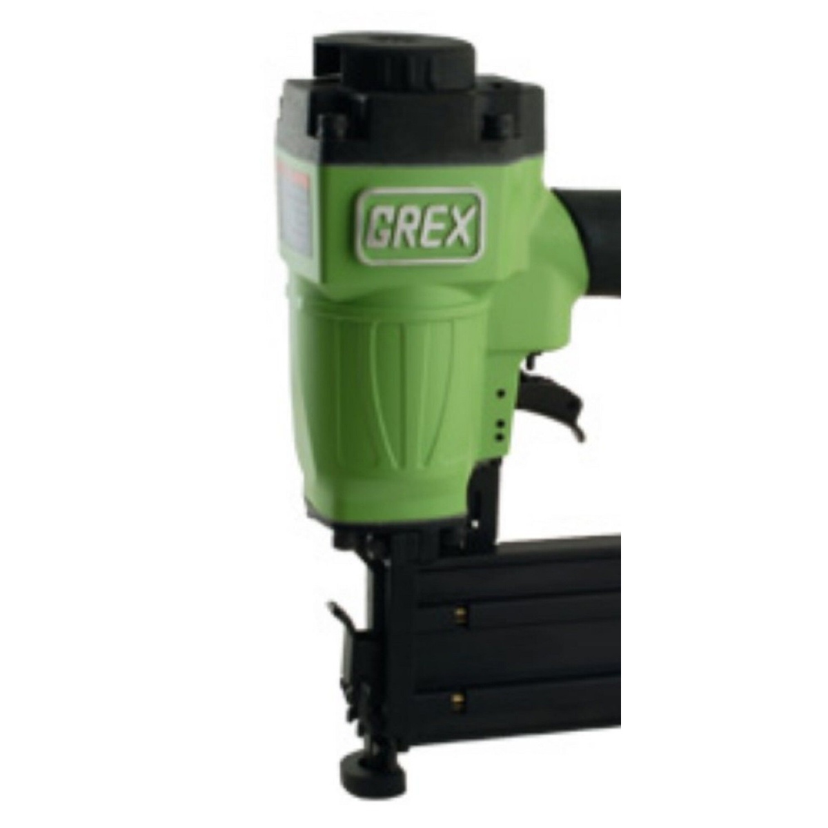Grex 1664 16 Gauge 2-1/2 inch Finish Nailer close-up of the nose and body area for precise finish nailing on trim, casing, and cabinet parts