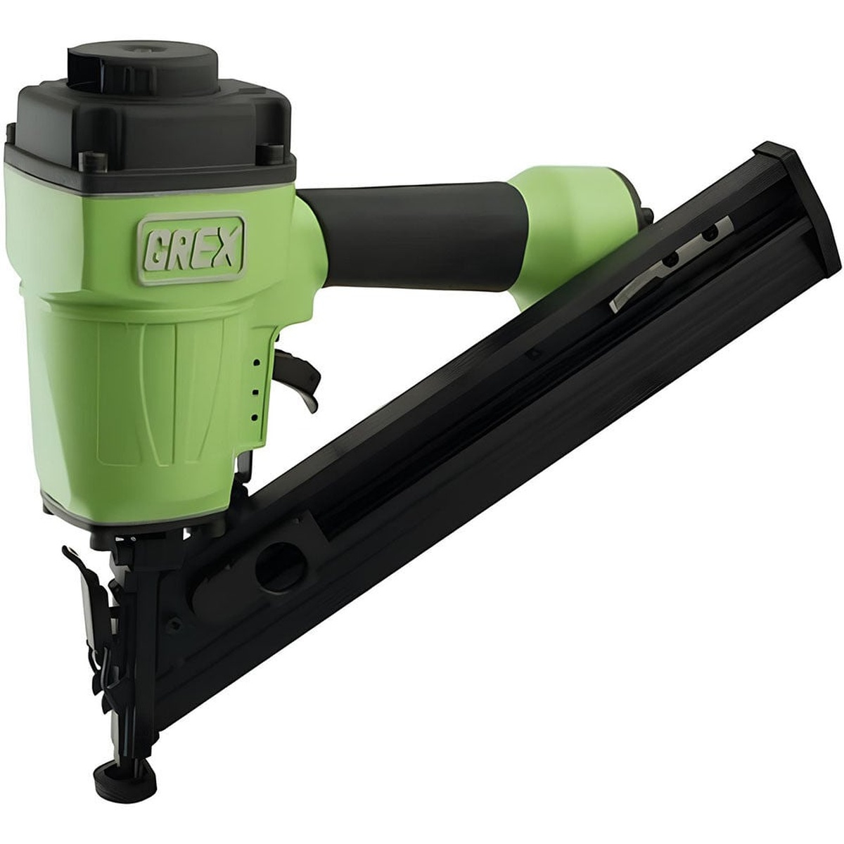 Grex AF64 15 Gauge 2-1/2 inch angled finish nailer positioned for trim fastening and cabinet work in tight corner applications