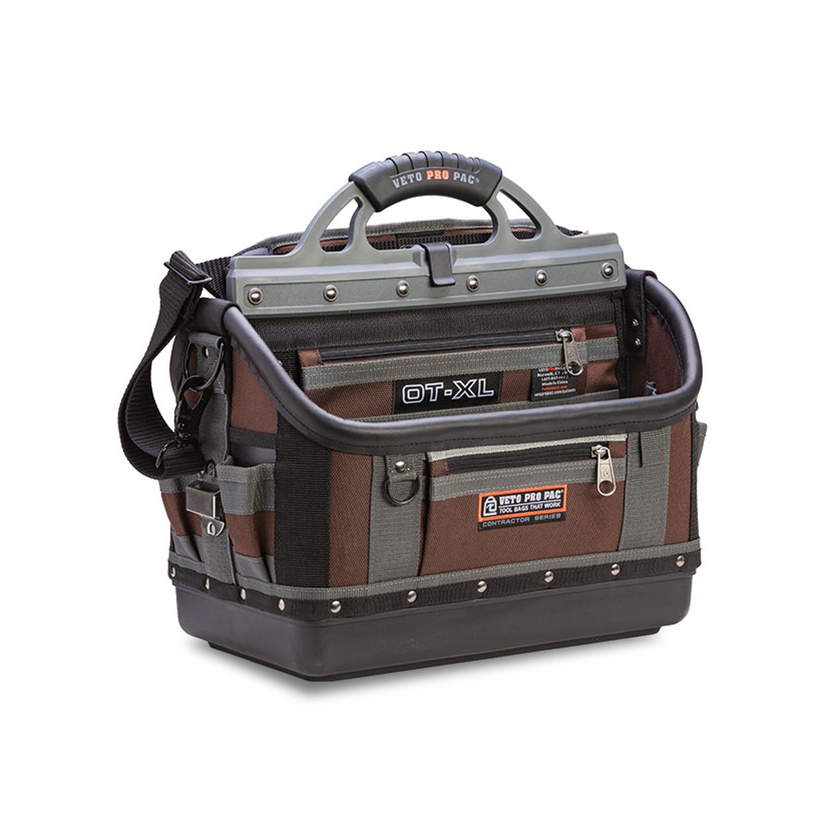 Veto Pro Pac OT-XL Open Top Tool Bag standing upright on a clean surface with molded waterproof base for contractor transport and storage