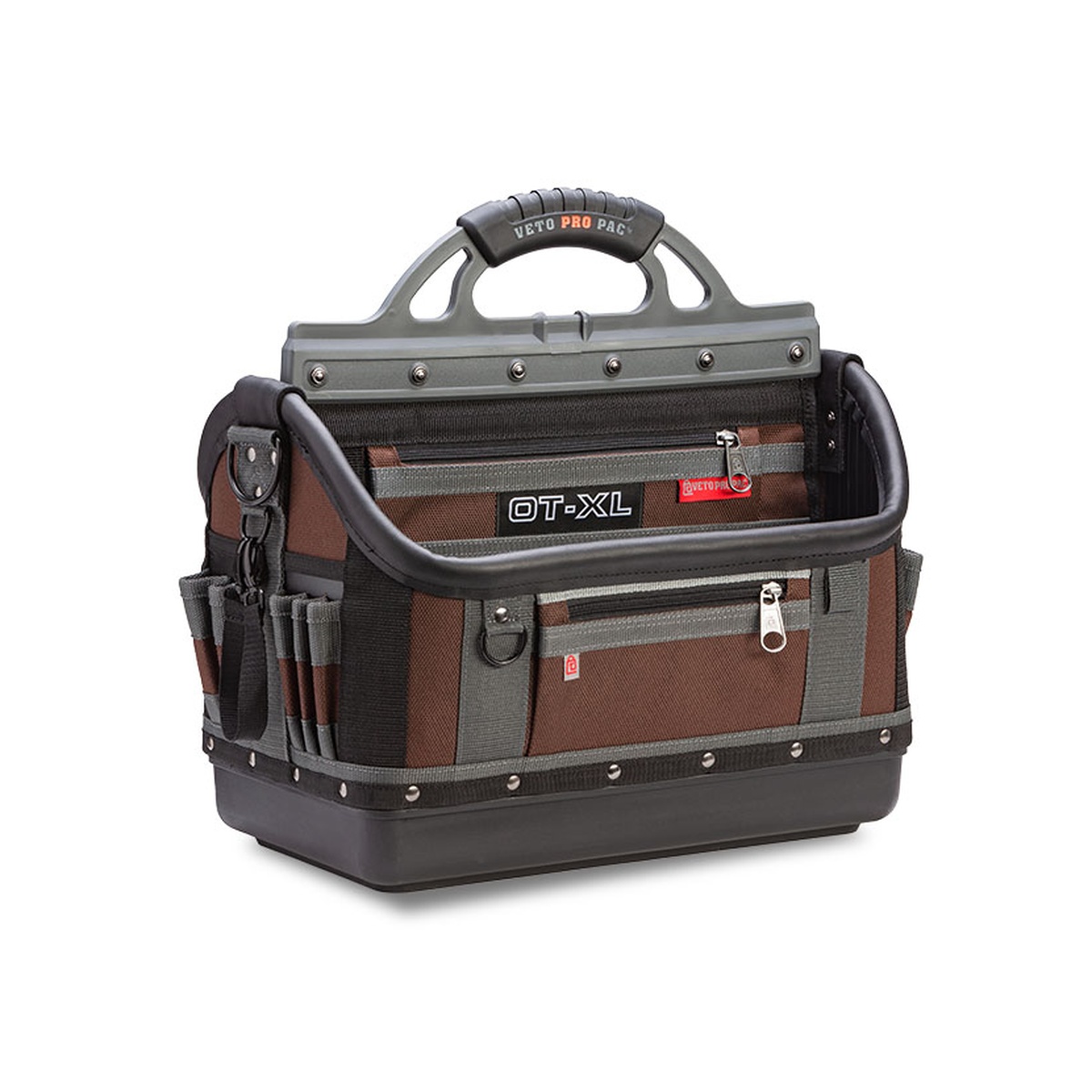 Veto Pro Pac OT-XL Open Top Tool Bag with exterior pockets and padded shoulder strap attachment for mobile technician use