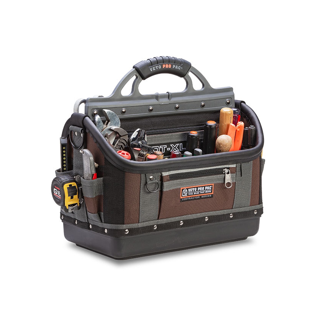 Veto Pro Pac OT-XL Open Top Tool Bag loaded with hand tools for contractor service work in a shop or jobsite setting