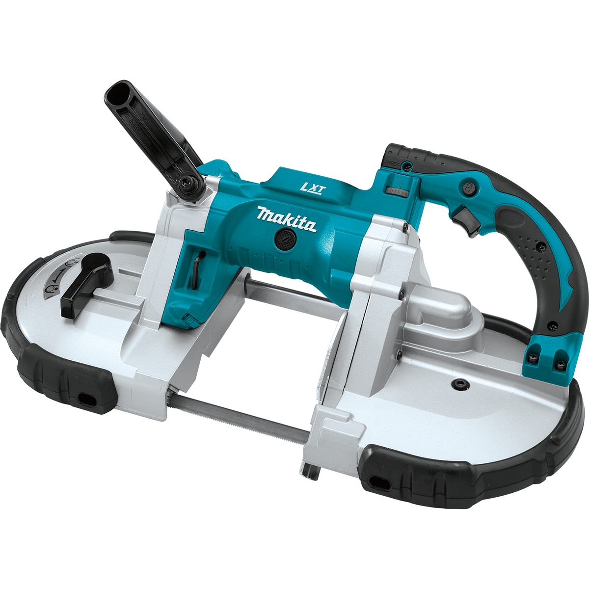 Makita XBP02Z 18V LXT Lithium-Ion Cordless Portable Band Saw product view showing compact metal-cutting saw body, adjustable stopper plate, and handle for jobsite pipe and conduit cutting