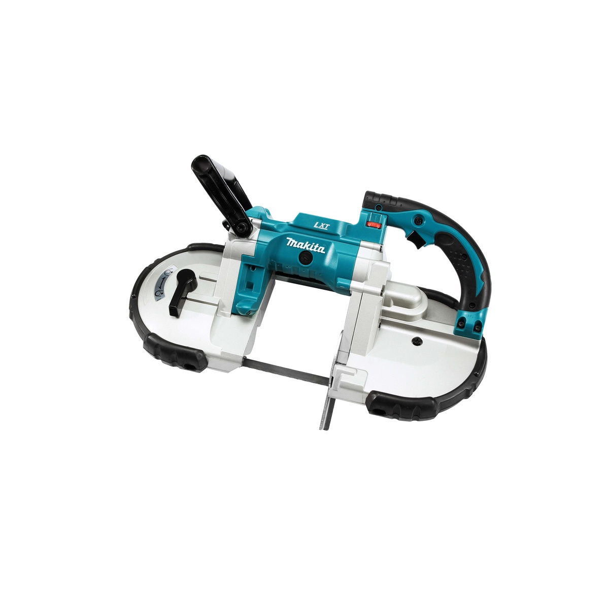 Makita XBP02Z 18V LXT Lithium-Ion Cordless Portable Band Saw side view showing ergonomic handle, compact frame, and durable bumpers for repeated metal cutting on the jobsite