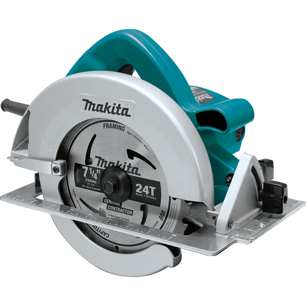 Makita 5007FA 7-1/4 inch circular saw with electric brake shown with framing blade and aluminum base for wood cutting on a jobsite