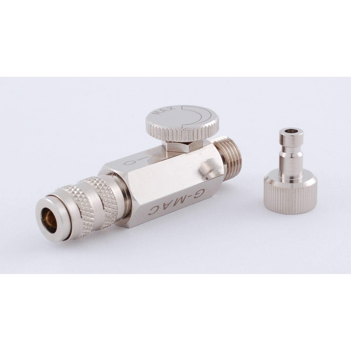 Grex G-MAC MAC Valve w/ Quick Connect Coupler & Plug showing the quick connect coupler and plug for airbrush hose changes
