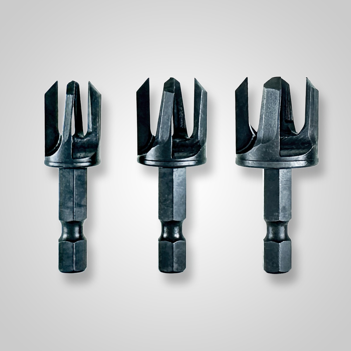 Snappy Tools 43300 3 Piece Tapered Plug Cutter Set showing three heat-treated tapered plug cutters with 1/4 inch hex shanks for drill press woodworking use
