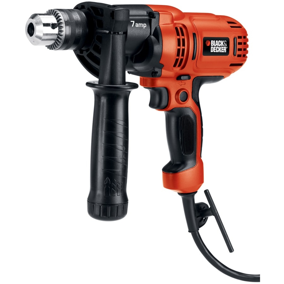 Black & Decker DR560 Corded 7 Amp 1/2 inch Drill/Driver clean product view showing keyed chuck, side handle, and corded setup for drilling and driving tasks in a shop or home project setting