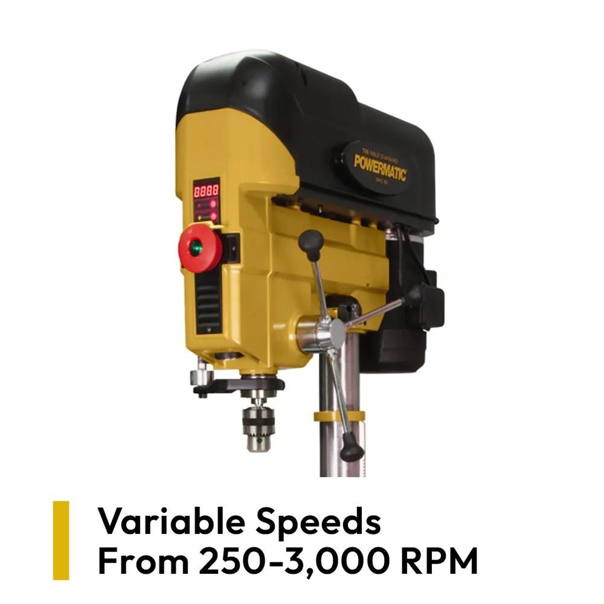 Powermatic PM2800B drill press head with digital speed display for variable speed drilling control in a woodshop setting