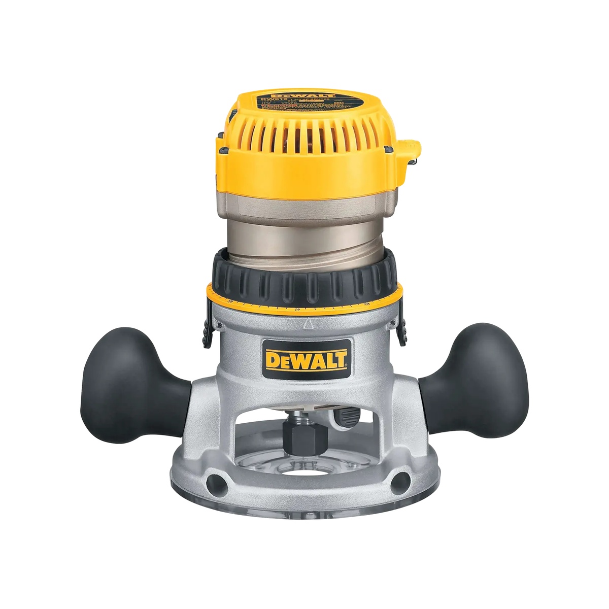DEWALT DW618 Fixed Base Router front view showing fixed base handles and clear sub-base for workshop routing tasks