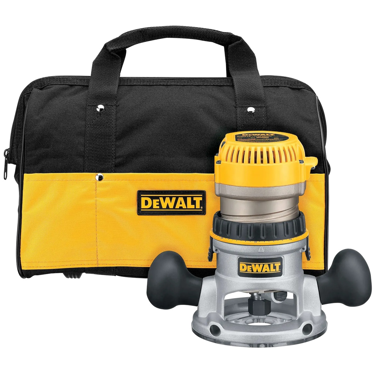 DeWALT DW618K Fixed Base Router Kit with storage bag on a workshop setup for woodworking and edge routing tasks