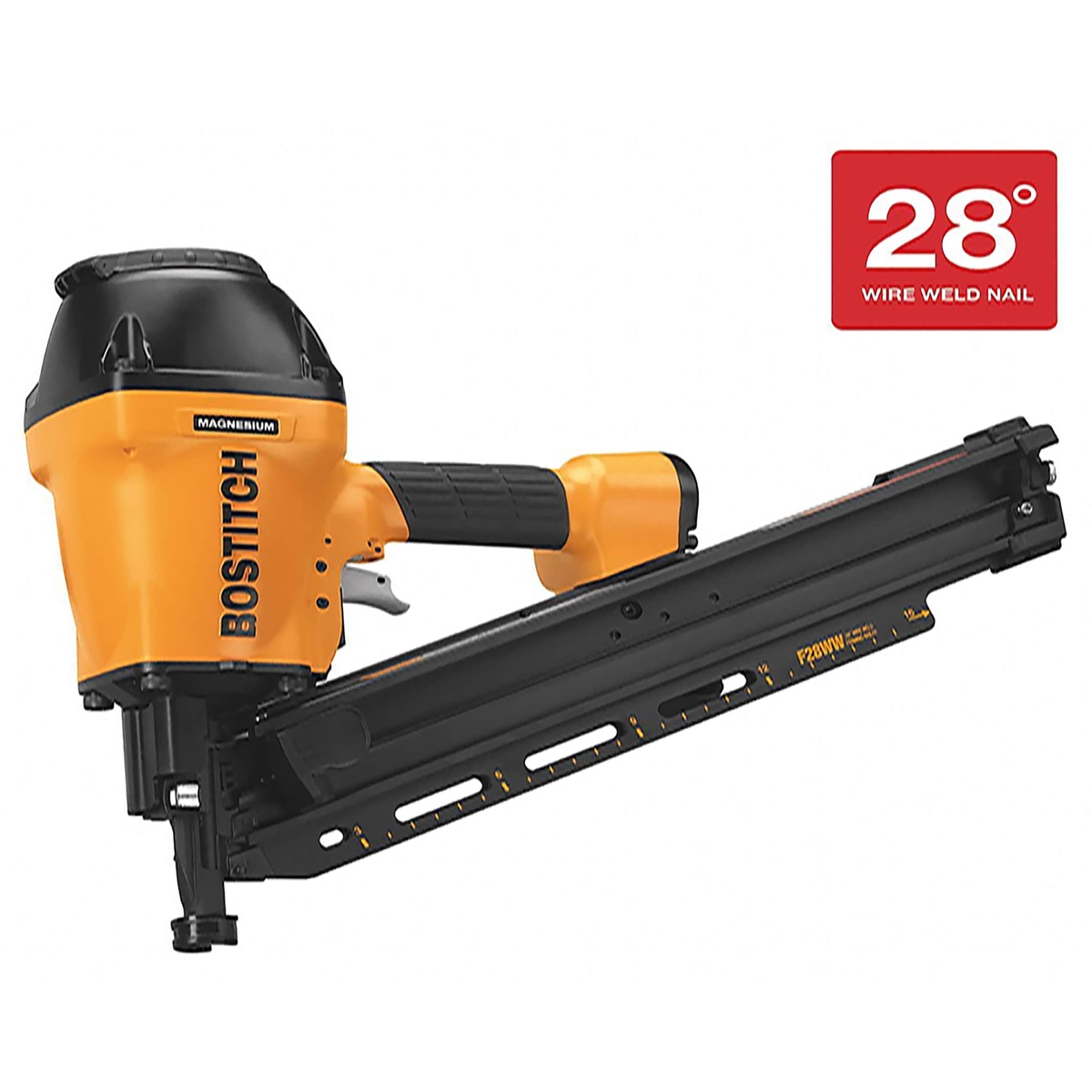 Bostitch F28WW 28 Degree Industrial Framing Nailer with angled wire weld magazine for framing lumber fastening on a jobsite