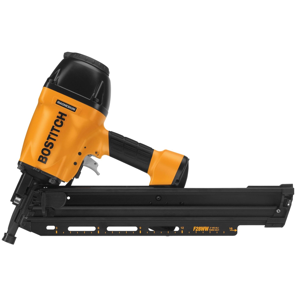 Side view of Bostitch F28WW 28 Degree Industrial Framing Nailer showing long 100 nail magazine for stud framing and repetitive fastening