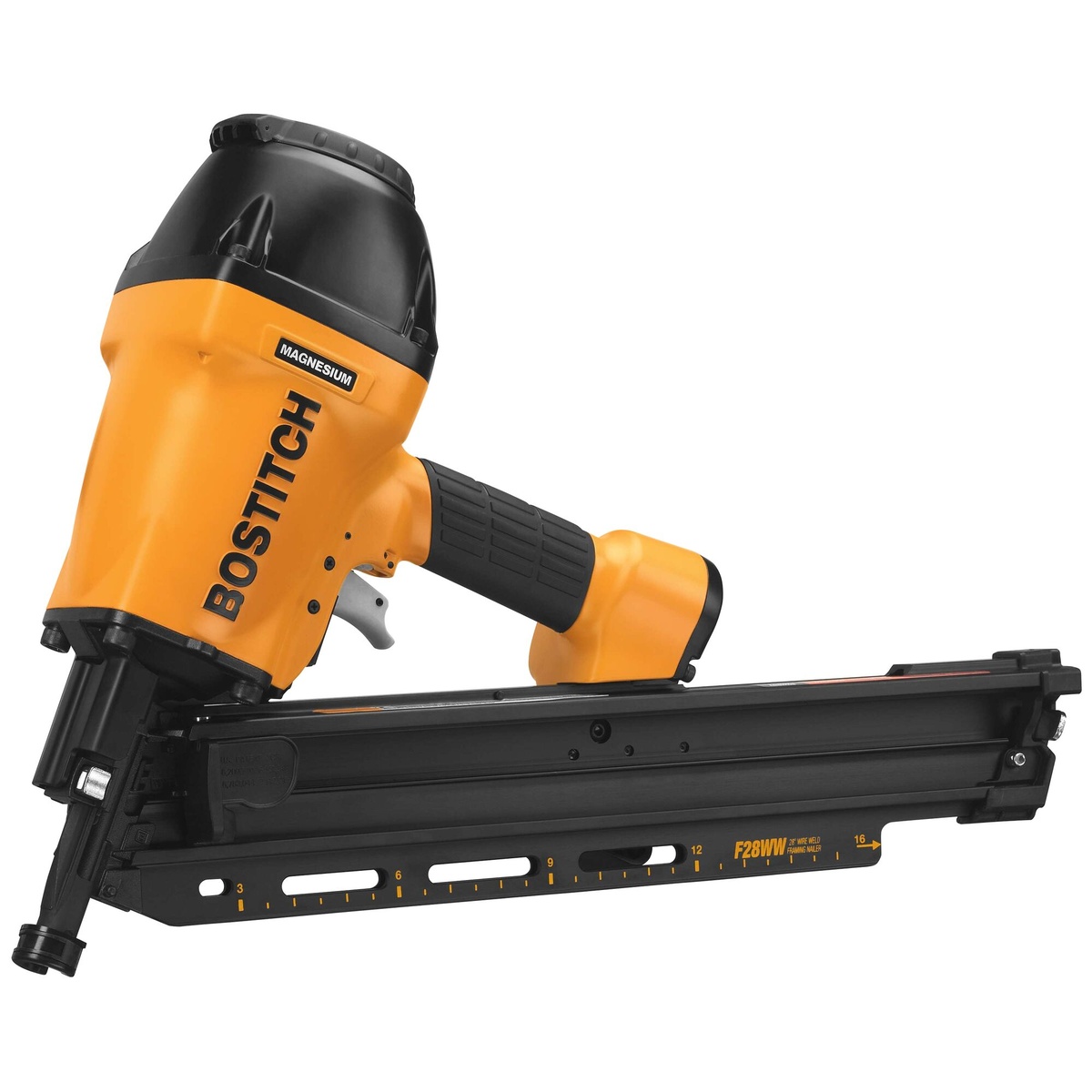 Bostitch F28WW 28 Degree Industrial Framing Nailer with lightweight body and angled magazine for all day framing and engineered lumber work