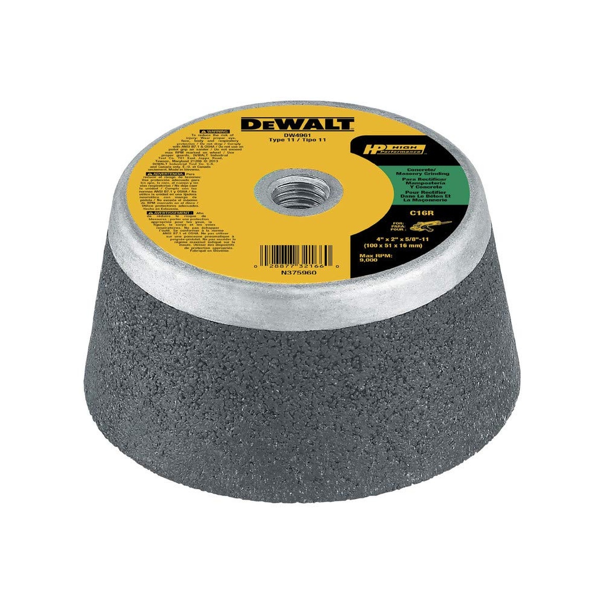 DeWALT DW4961 4 in x 2 in Type 11 Masonry Grinding Wheel steel backed cup wheel for concrete and masonry grinding on a shop workbench
