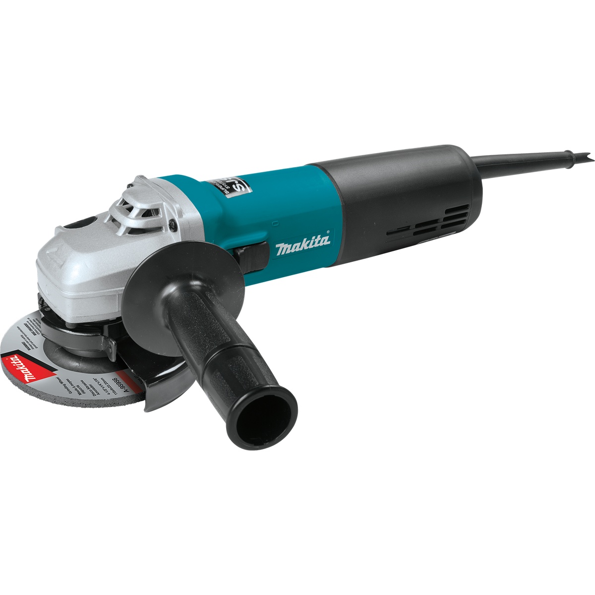 Makita 9565CV 5 in. SJS High-Power Angle Grinder with side handle and wheel guard set up for grinding and polishing work in a fabrication or stone finishing setting