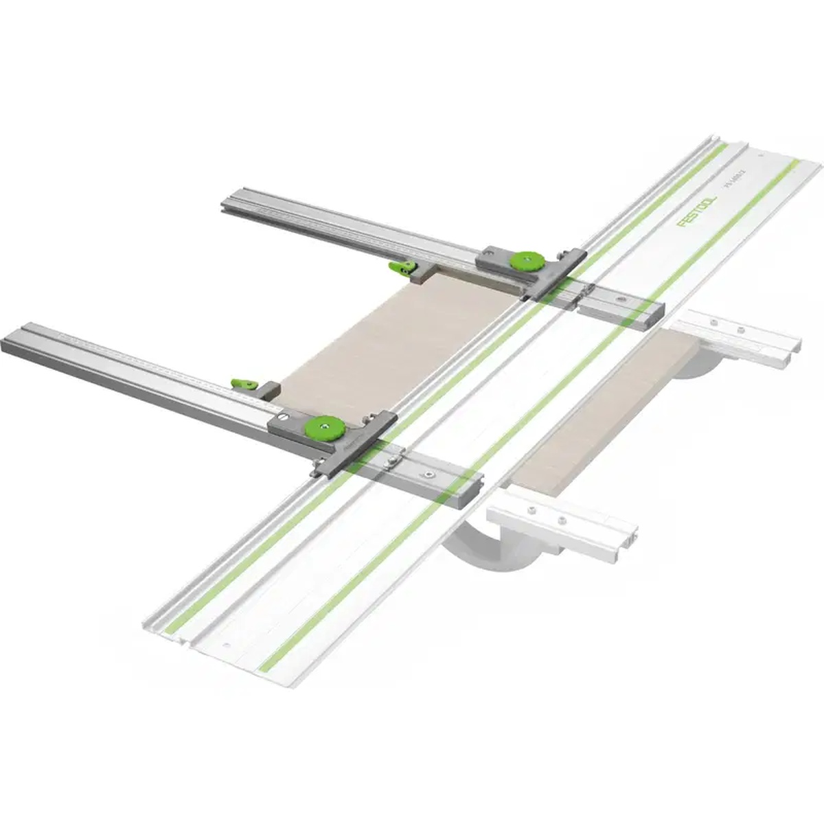 Festool 495717 Parallel Guides For Guide Rail System mounted to a Festool guide rail with adjustable stops set for repeat panel cutting