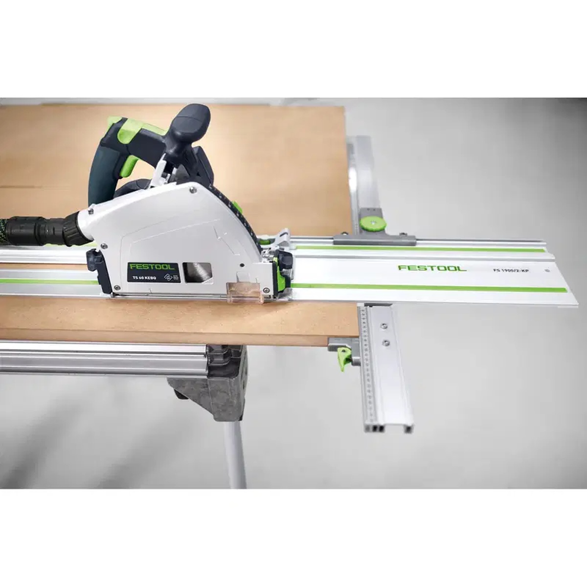 Festool 495717 Parallel Guides For Guide Rail System used on a Festool guide rail for repeatable rip cutting of a wood sheet on a work table