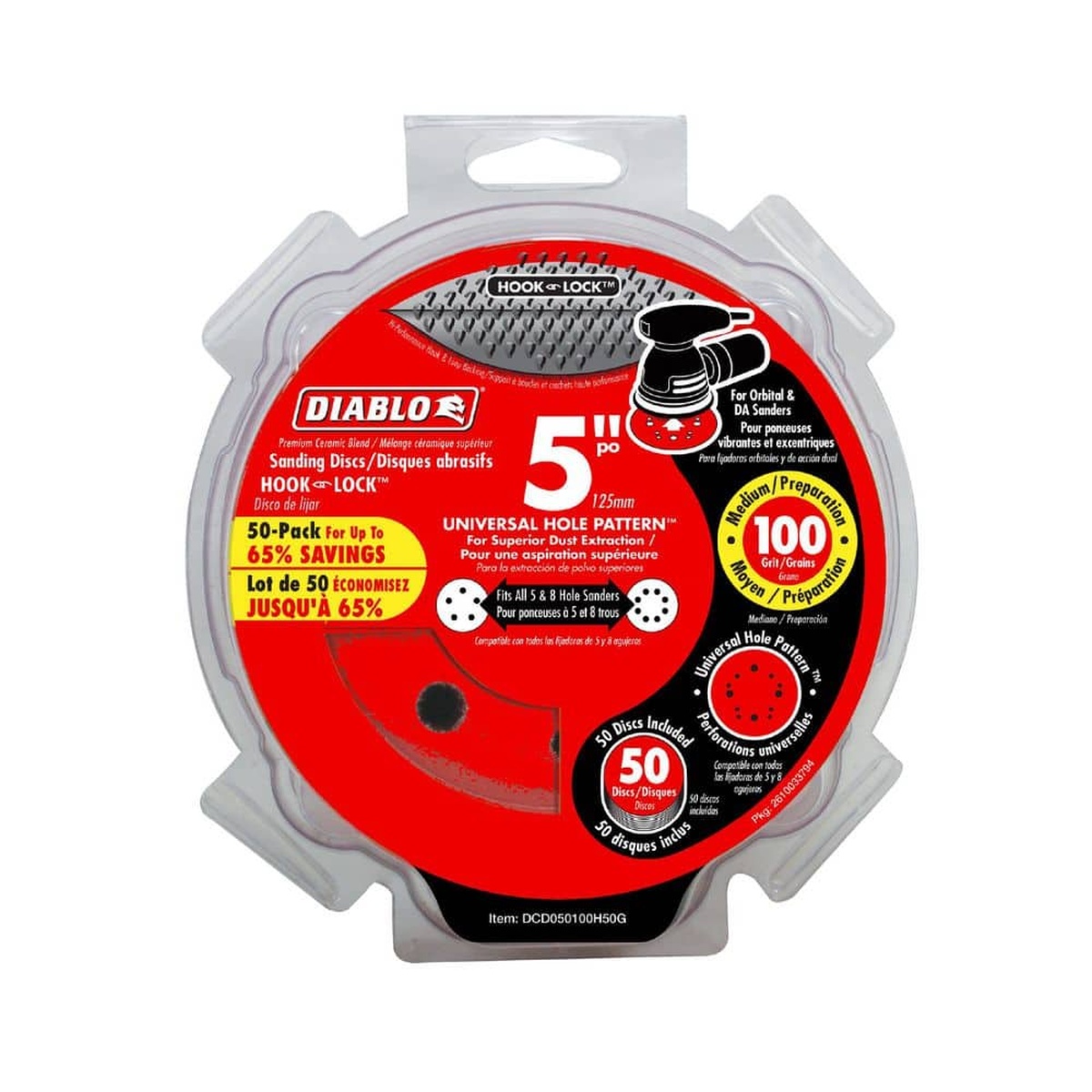 Diablo DCD050100H50G 5 inch 100 grit sanding discs package for random orbital sanding prep in wood, metal, and plastic applications