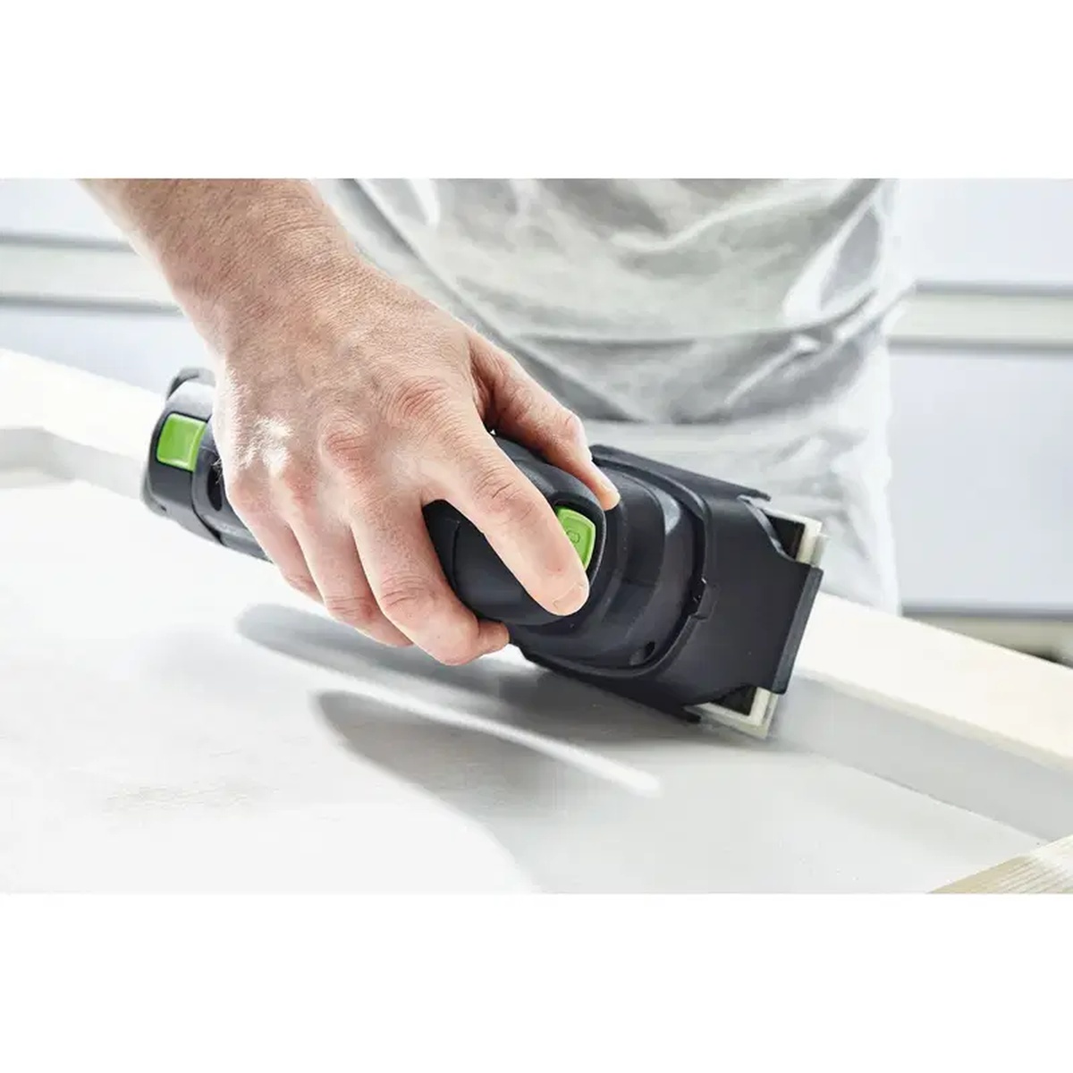 Festool 483582 Vlies 800 grit sanding abrasive used on a Festool detail sander for finish prep on a painted edge in a workshop setting
