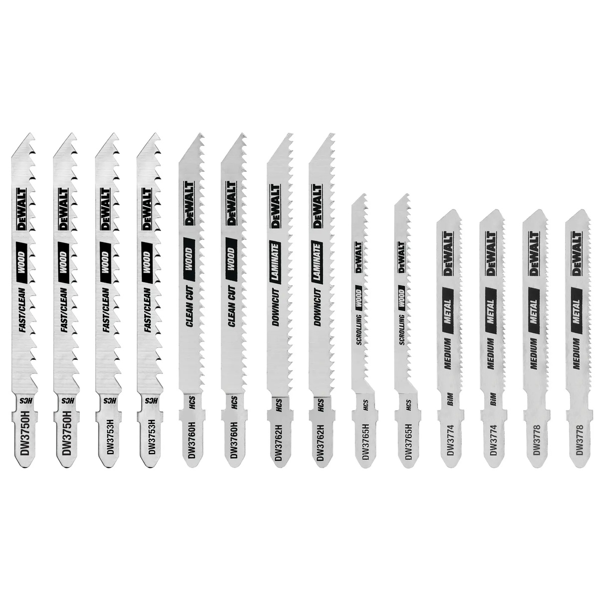 DEWALT DW3742C T-Shank Jig Saw Blade Set With Case (14 pc.) showing multiple T-shank blades for wood, laminate, scrolling, and metal cutting in a workshop accessory kit