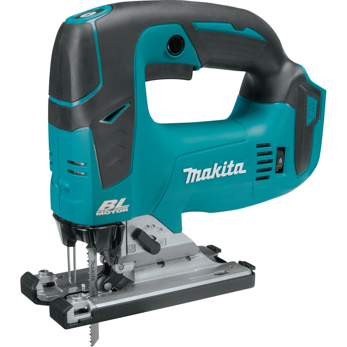 Makita 18V LXT Lithium-Ion Brushless Cordless Jig Saw XVJ02Z with T-shank blade installed for precision cutting work in a shop or jobsite setting