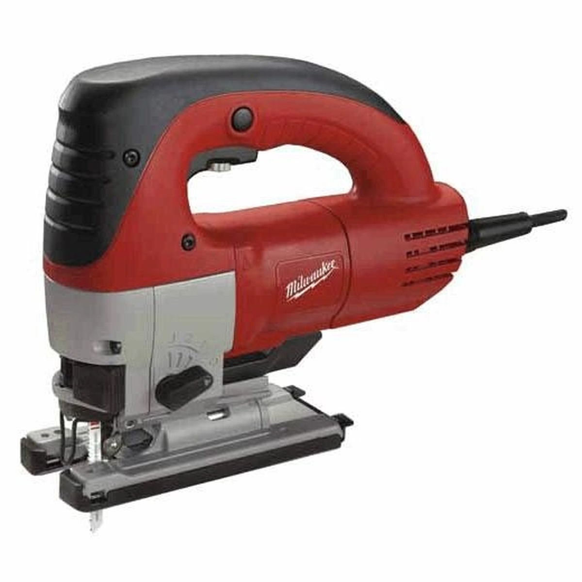 Milwaukee 6268-21 Corded Orbital Jigsaw with T-shank blade installed for curved wood cutting, detail cut work, and shop or jobsite trim applications