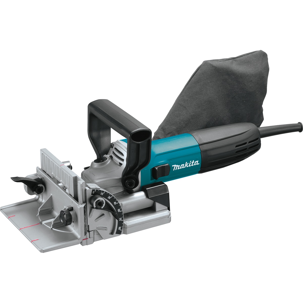 Makita PJ7000 Plate Joiner with dust bag and adjustable fence set up for biscuit slot cutting in woodworking and cabinet joinery