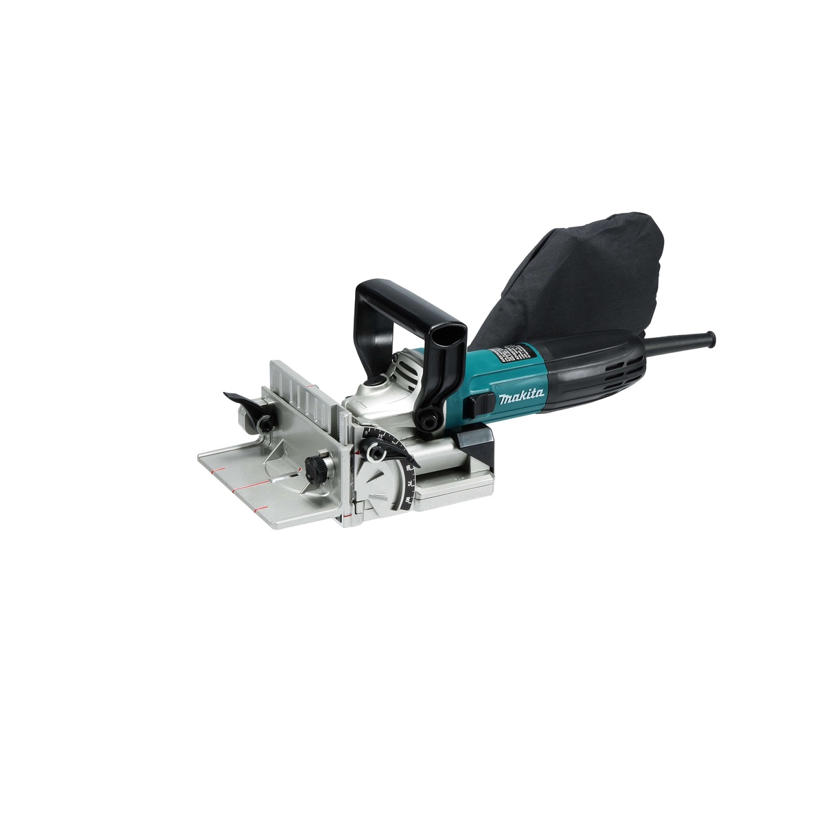 Makita PJ7000 Plate Joiner showing top handle, fence scale, and dust collection bag for shop and jobsite woodworking tasks