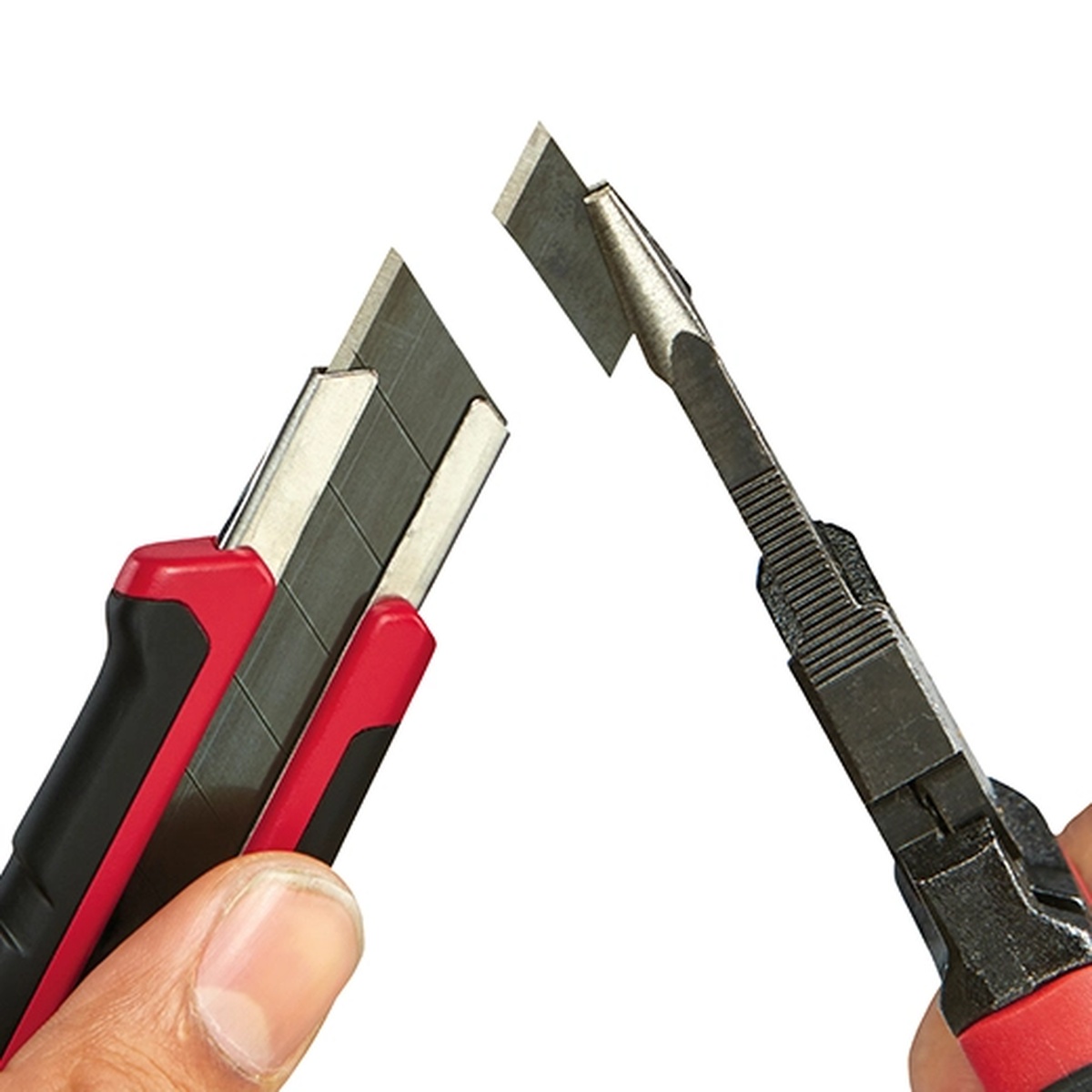 Milwaukee snap-off utility knife blade segment removal for restoring a fresh cutting edge while trimming thin material on a jobsite