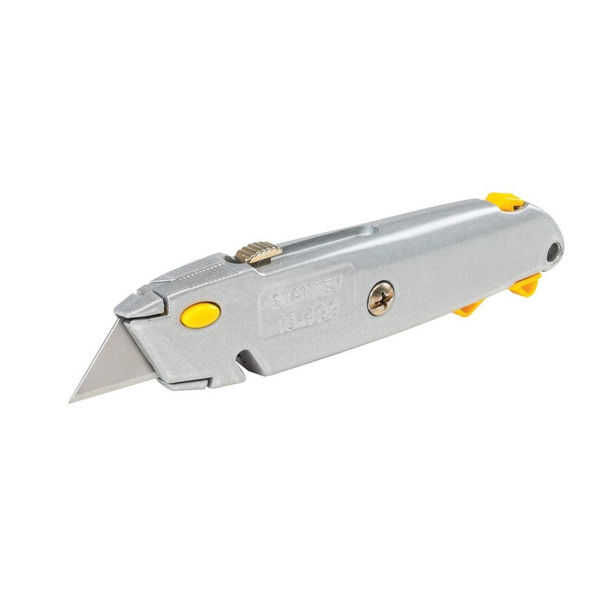Stanley 10-499 quick-change retractable utility knife with exposed straight blade for general cutting in shop and jobsite use
