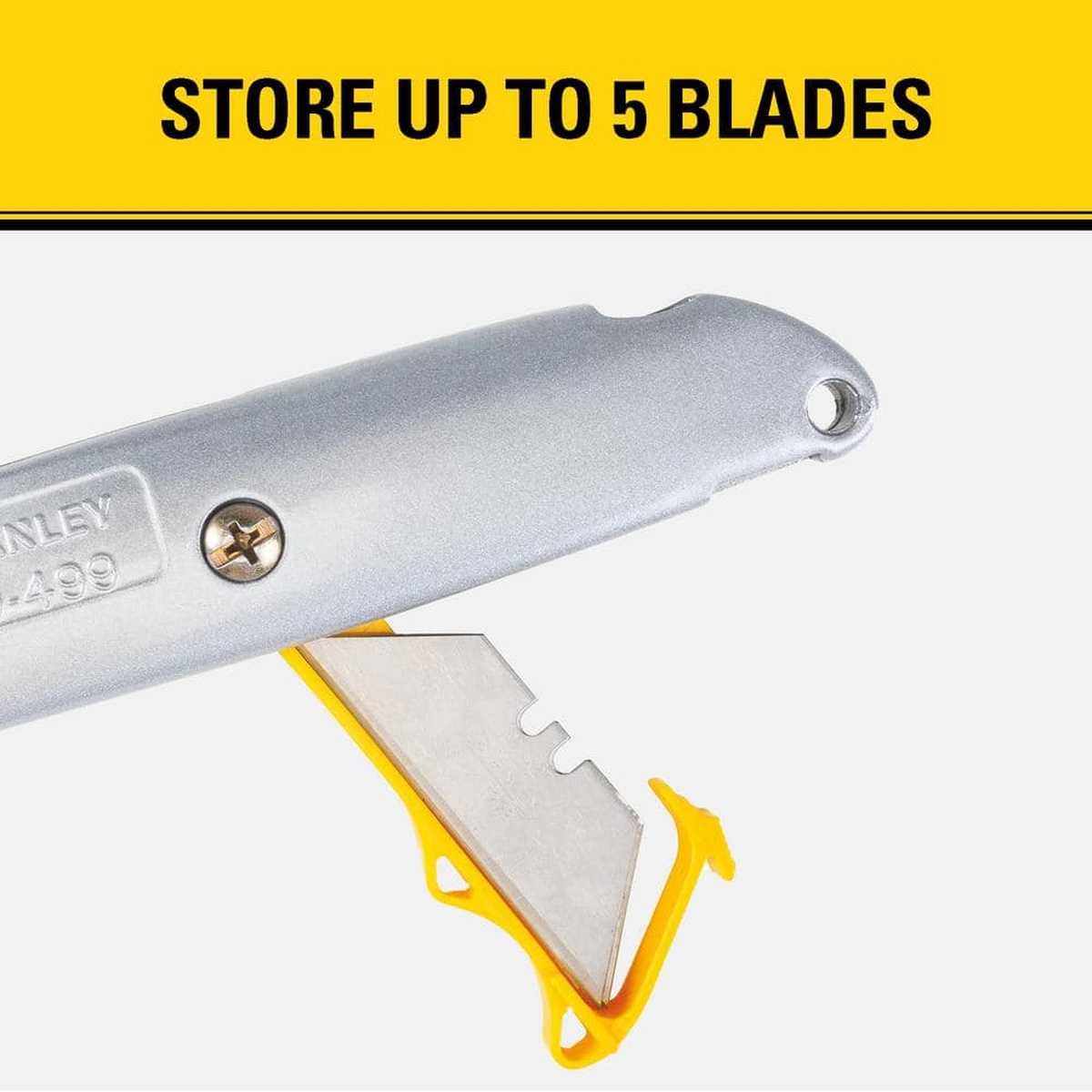 Stanley 10-499 quick-change retractable utility knife with swing-out blade storage holding spare utility blade for jobsite cutting work