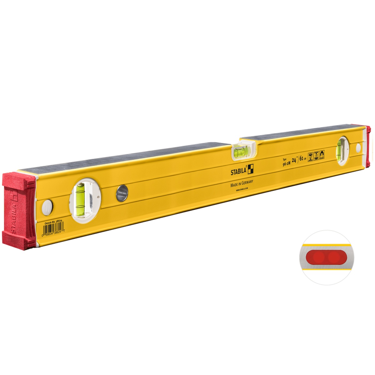 Stabila Type 96M Magnetic Level 24 in product detail showing box beam frame, bright vials, and magnetic base for construction layout work