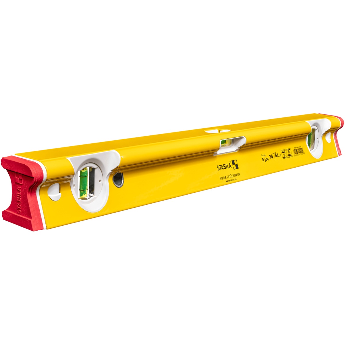 Stabila 41024 24 in R-Beam Level close-up showing the R-shaped aluminum frame, vial windows, and shock-absorbing end caps for daily construction use