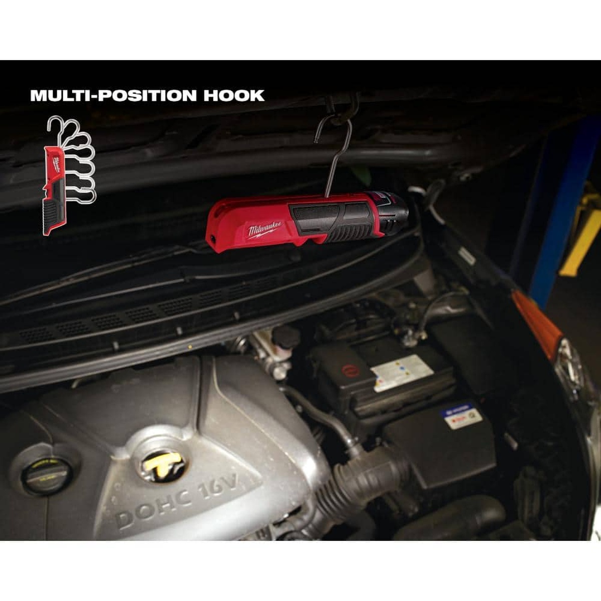 Milwaukee M12 LED stick light hanging under a vehicle hood for automotive repair and engine bay inspection