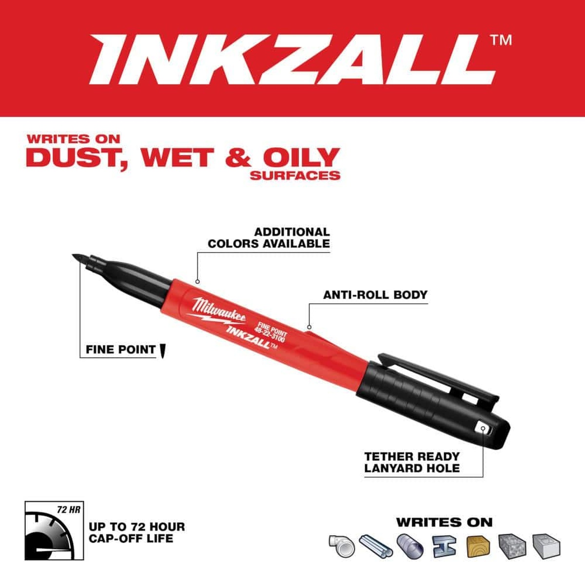 Milwaukee INKZALL Black Fine Point Jobsite Permanent Marker product detail showing fine point tip, anti-roll body, and tether-ready lanyard hole for jobsite use