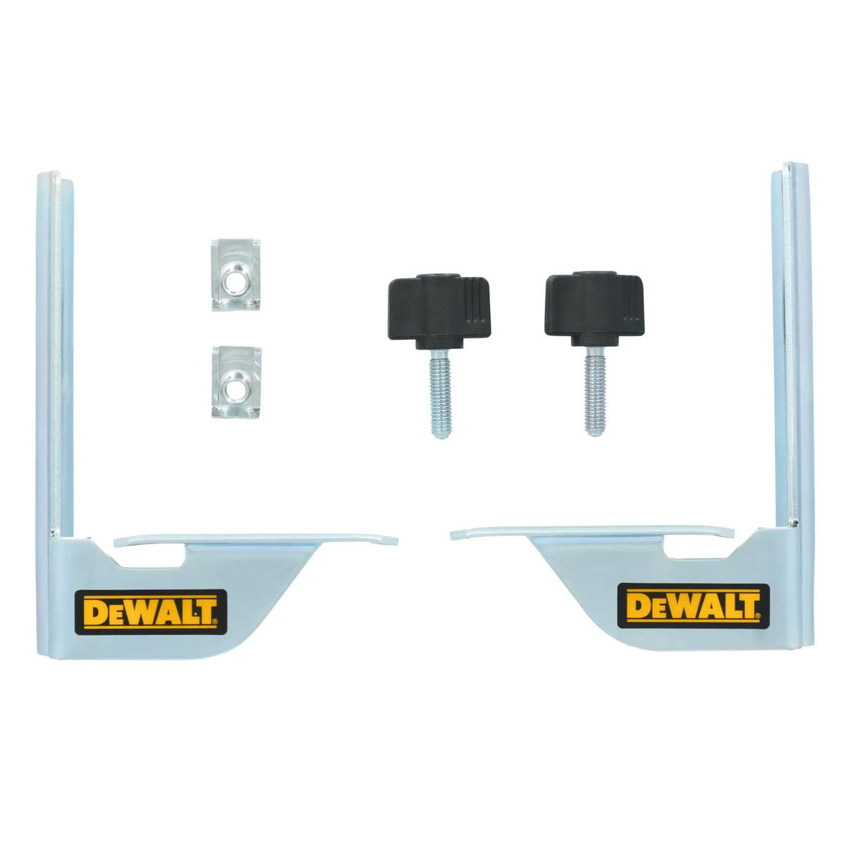 DEWALT DW7084 Crown Stop set with two crown stops and mounting hardware for miter saw crown molding setup in a trim shop