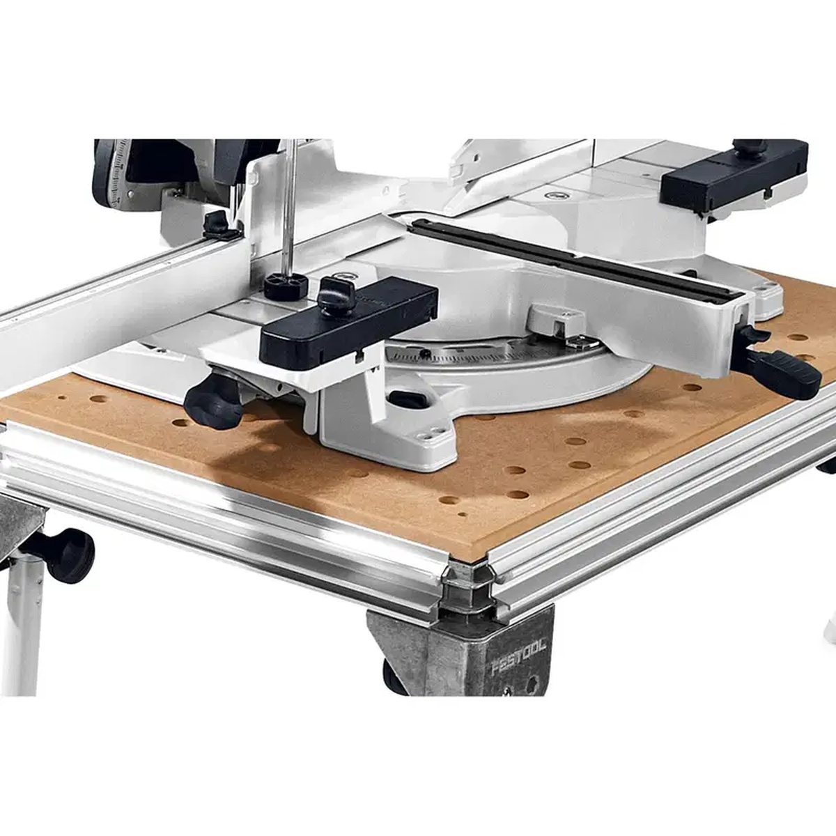 Festool 494369 Kapex Miter Saw Crown Stop With Base Extension installed on a KS 120 miter saw at a workbench for crown molding and trim cutting