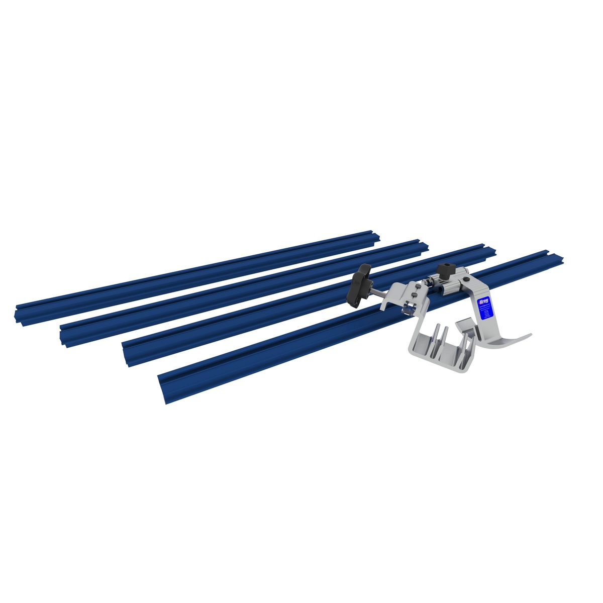 Kreg KMS8000 Precision Trak & Stop Kit components with four aluminum trak sections for custom miter saw bench layout