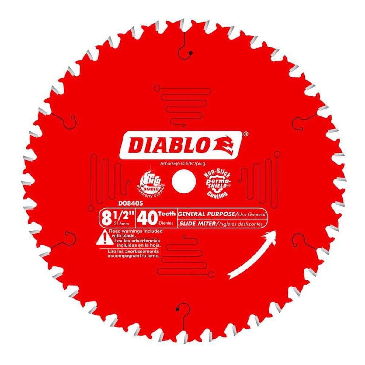 Diablo D0840S 8-1/2 inch 40-tooth circular saw blade for wood cutting, clean product view showing carbide teeth and 5/8 inch arbor for miter saw and jobsite finish work