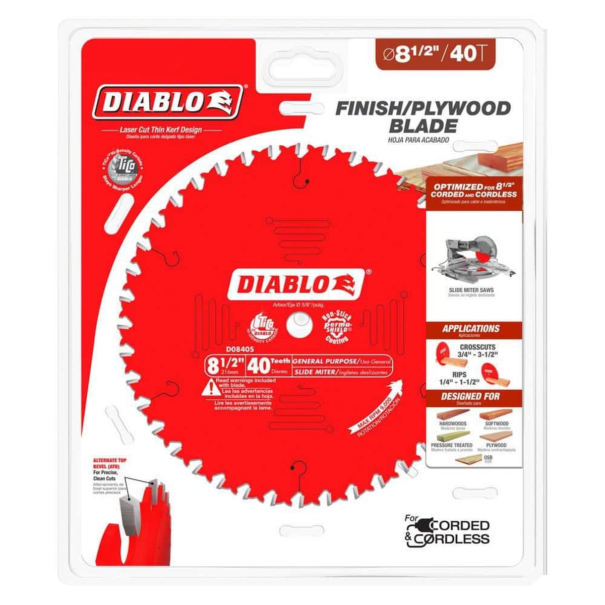 Diablo D0840S 8-1/2 inch 40-tooth general purpose circular saw blade in retail package for finish and plywood cutting on slide miter saws and other compatible saws