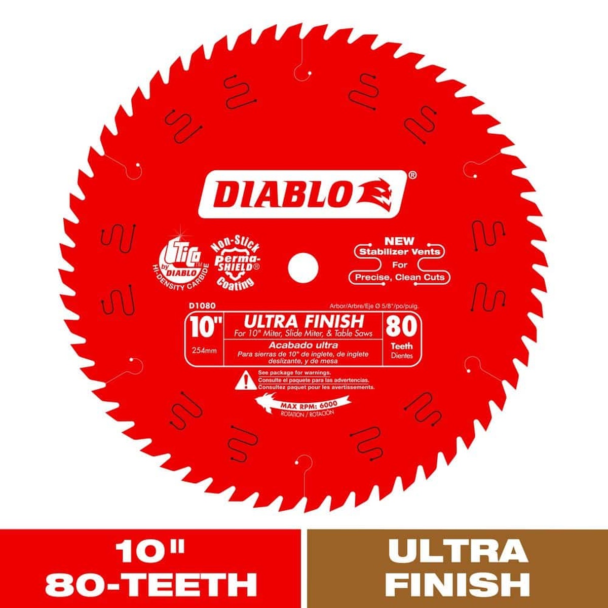 Diablo D1080X 10 in. x 80-Tooth Ultra Finish Saw Blade for Wood with 80-tooth carbide rim and 5/8 inch arbor for finish cutting on miter saw and table saw jobs