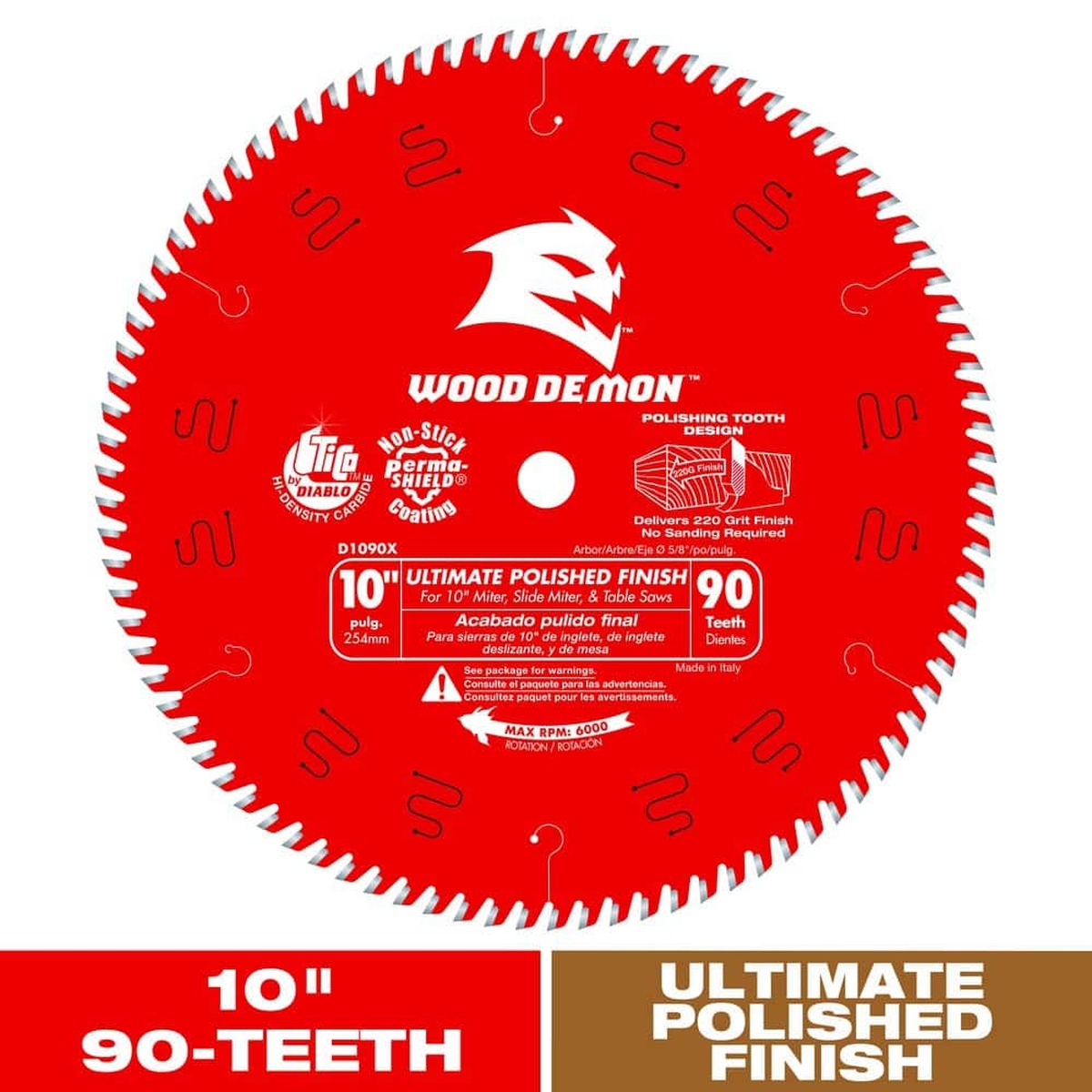Diablo D1090X 10 in. x 90-Tooth Ultimate Polished Finish Saw Blade for Wood shown as a 10 inch finish-cutting blade for miter saw and table saw work on trim, plywood, and melamine