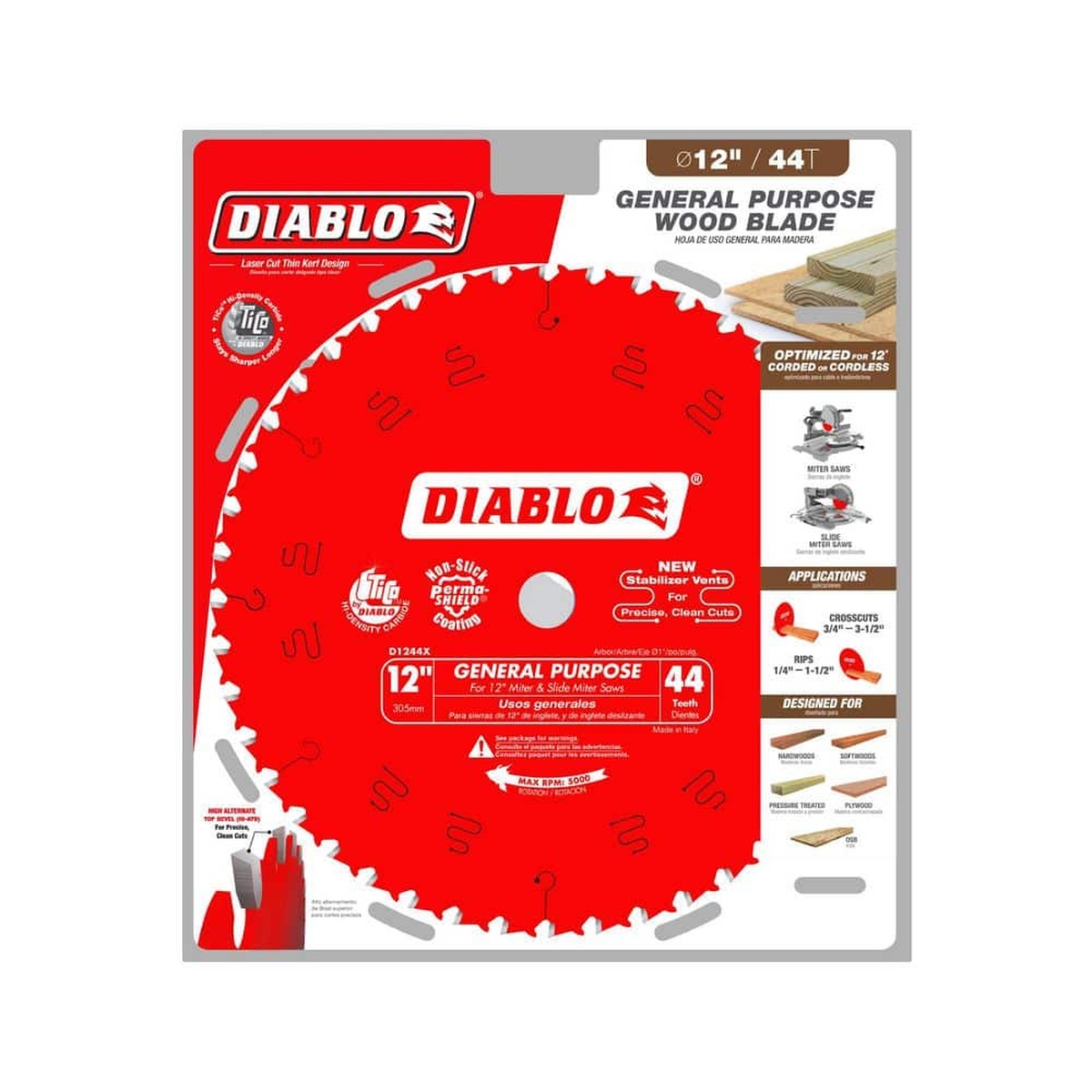 Diablo D1244X 12 in. x 44-Tooth General Purpose Wood Saw Blade packaging for wood cutting on 12 inch miter saws in trim and construction work