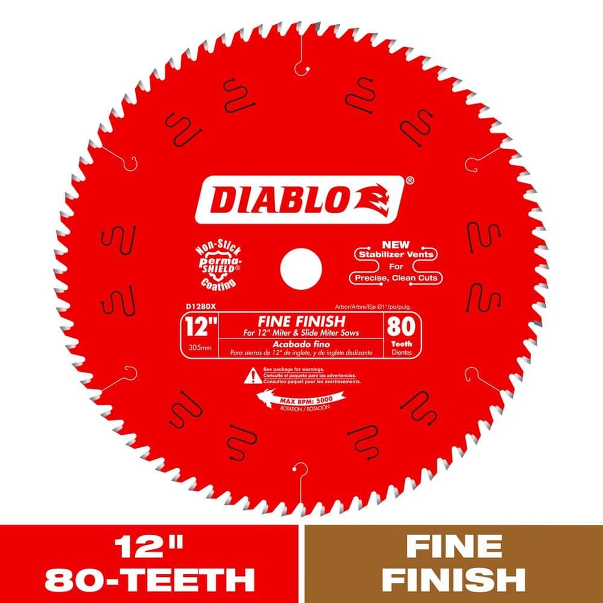 Diablo D1280X 12 in. x 80-Tooth Fine Finish Saw Blade for wood cutting on a 12 inch miter saw, shown as a finish blade for trim work, plywood, and cabinet materials