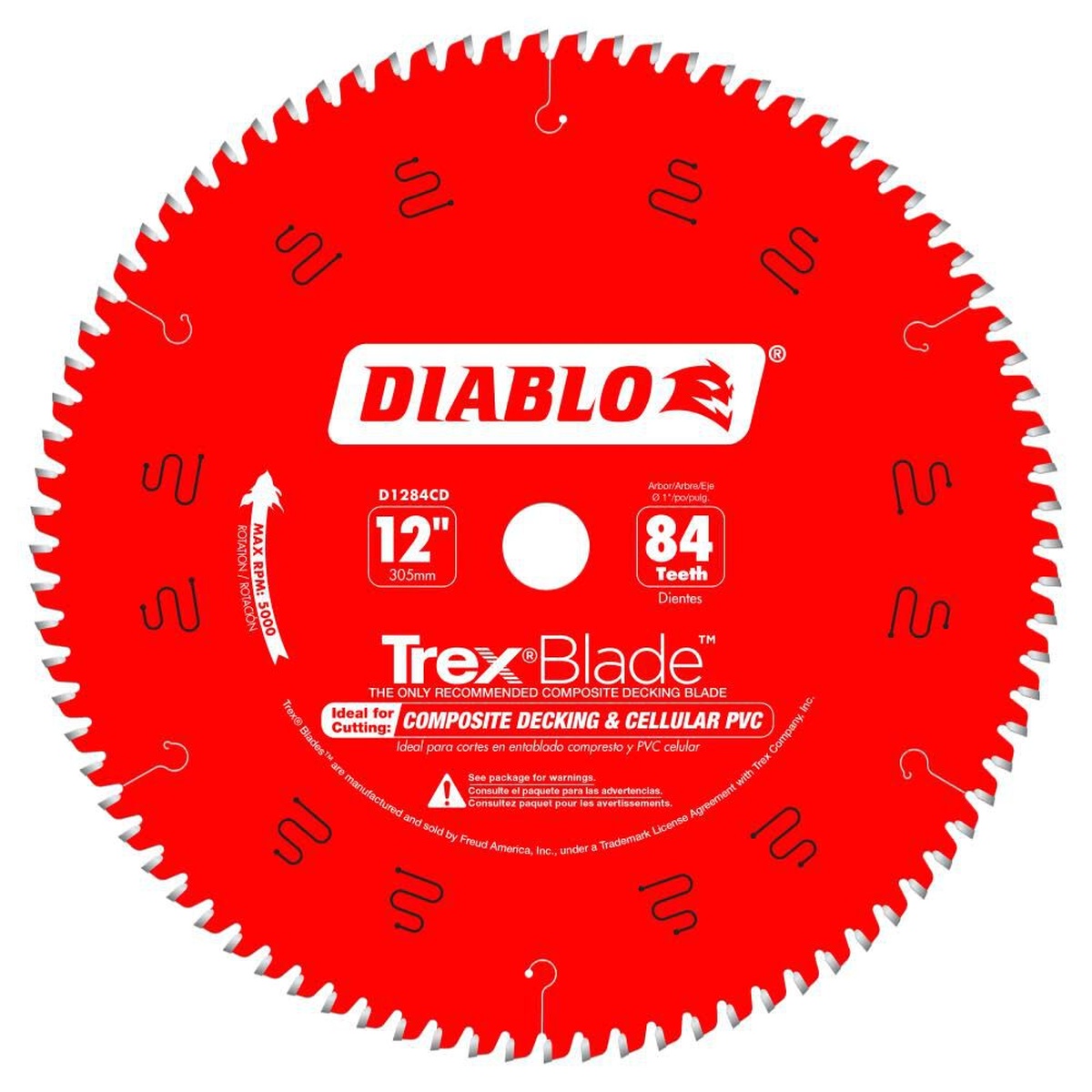 Diablo D1284CD 12 in. x 84-Tooth Composite Material/Plastics TrexBlade miter saw blade for cutting composite decking and cellular PVC on trim and deck-building jobs