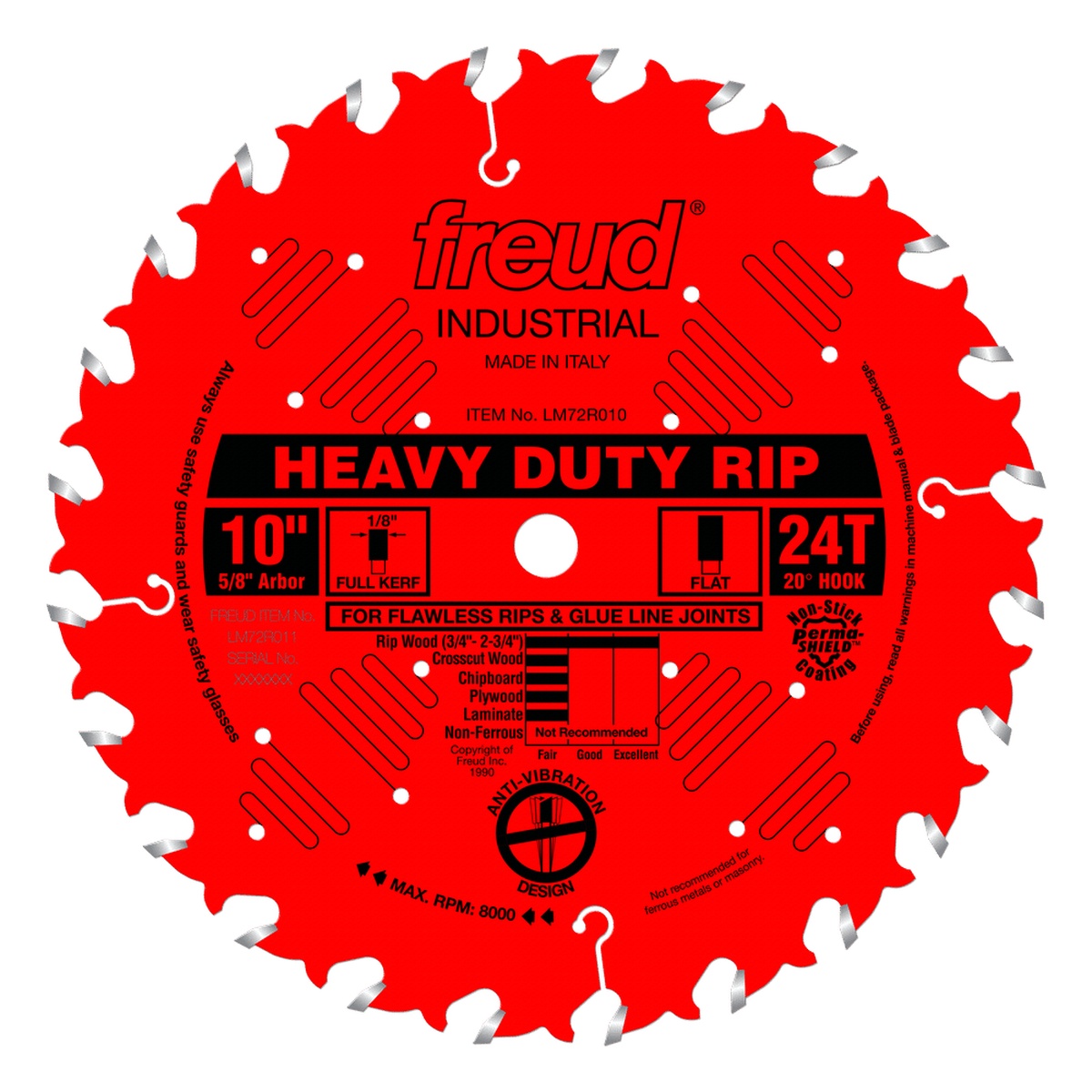 Freud LM72R010 10 in. Heavy-Duty Rip Blade showing flat-top teeth and anti-vibration slots for woodworking rip cuts